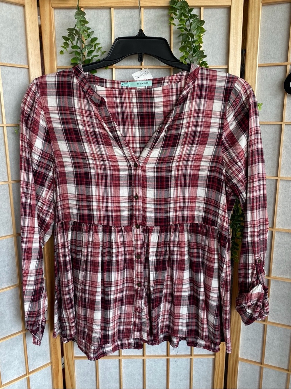 Maurices Burgundy and White Plaid Peplum Button-Front Top